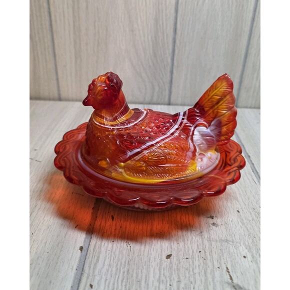 Vtg Mosser Red Orange Yellow Slag Glass 6-1/2" Hen on Nest Candy Dish Glows - Picture 1 of 15